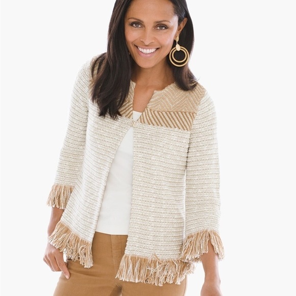 Chico's Fringe Poppy Cardigan Tan & Gold Glitter Jacket Size 1 (US M) - Picture 1 of 8